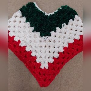 Handmade Crochet Poncho,Girl's Red, White and Green Handmade Poncho,Size X Small